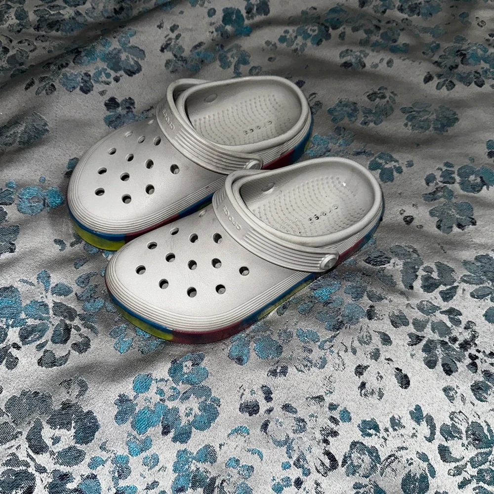 CROCS Kids White Clogs with Rainbow Trim
